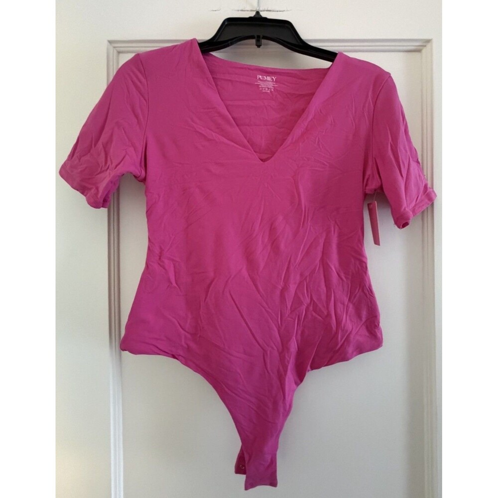 Pumiey Pink Short Sleeve Thong Bodysuit Size Large Brand New NWT